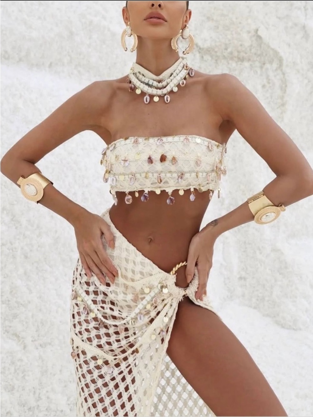 Brazilian Cream Crochet Bandeau Bikini Top and Maxi Cover-Up Set